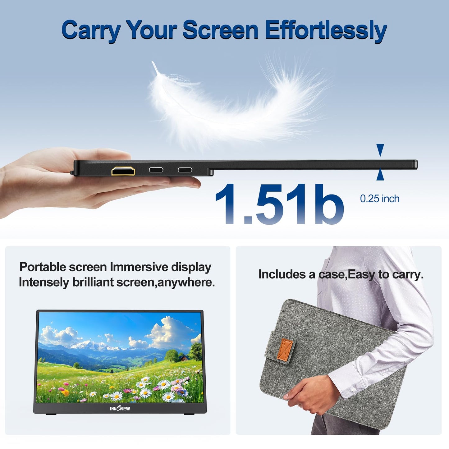 InnoView Portable Monitor Touchscreen 15.6" 1080P 10-Point Touch Screen Monitor Portable with Protective Sleeve Built-in Stand, 1200:1 HDMI USB C Travel Monitors for Laptop, PC, Phone