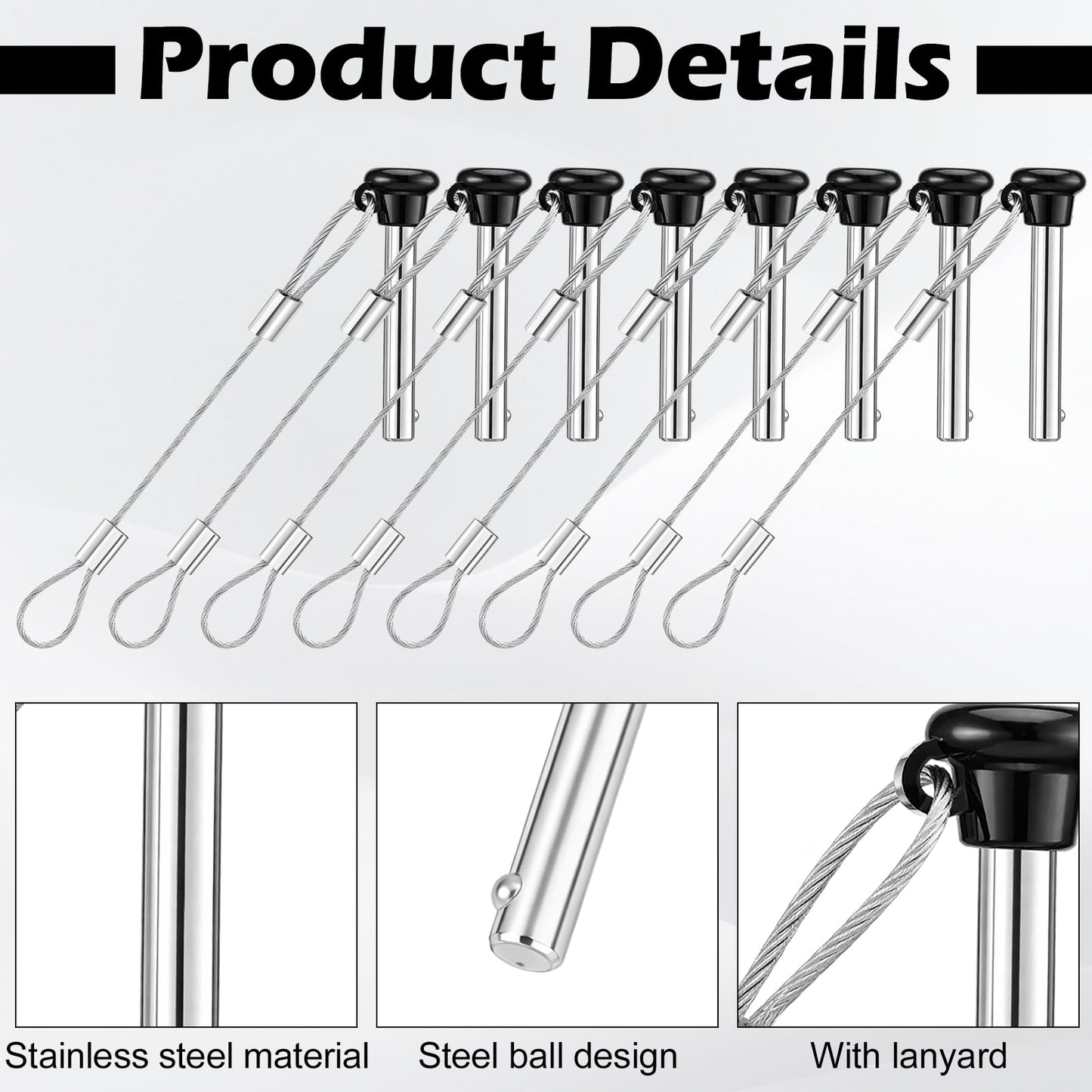 Otoolling 8 Pcs Boat Bimini Top Pins 3/16 Inch Black Quick Release Pull Pins Stainless Steel with Lanyard for Boat Bimini Top Ball Socket Deck Hinges and Marine Hardware