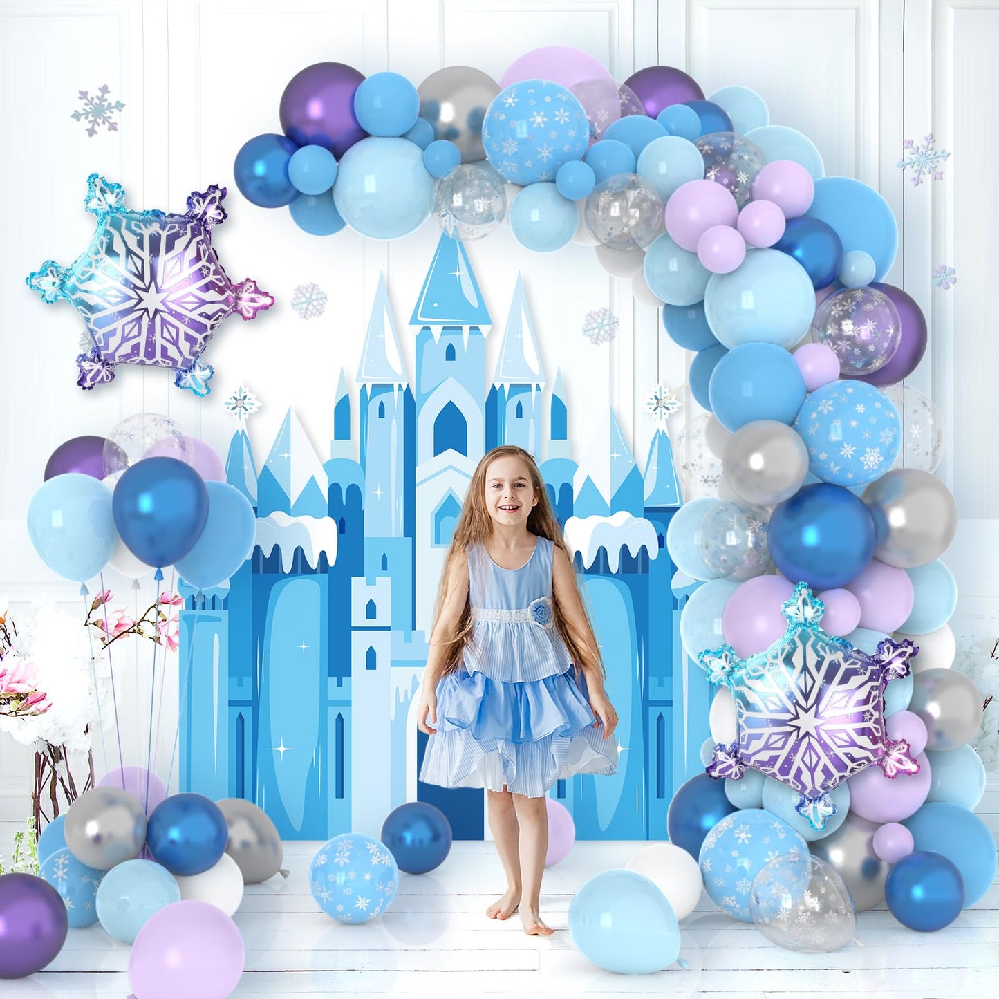 Snow Balloon Garland Arch Kit Princess Castle Backdrop Blue Purple Snowflake Balloons Garland Kit Winter Wonderland Princess Party Decorations for Girls Birthday Baby Shower Wedding Party Supplies