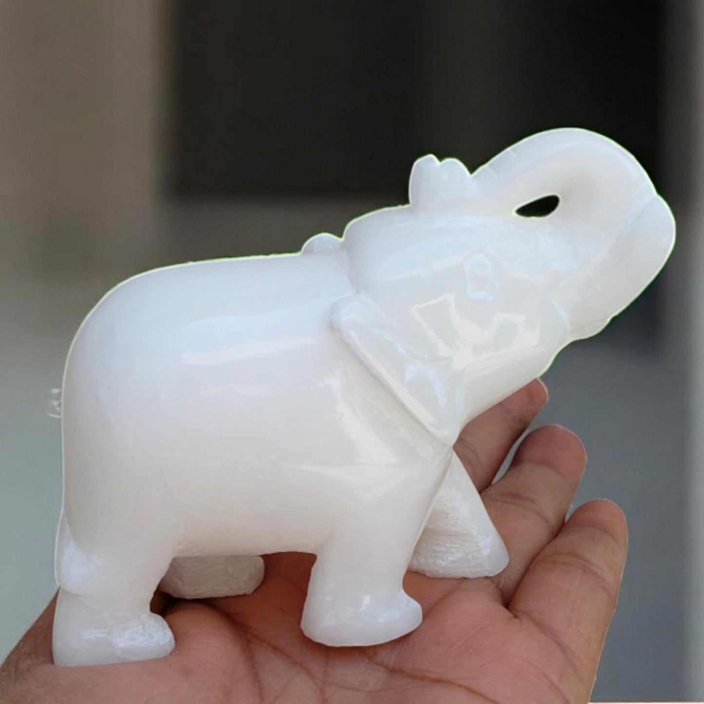 Elephant Statue Idol Murti White Onyx Marble Home Decor | Hand Carved Trunk Up Elephant Figurine for Living Room Office Table Item Gift for Wedding Birthday & Anniversary Collectible (3.25"inch)