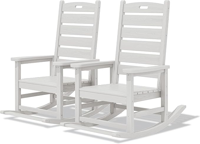 SERWALL Outdoor Rocking Chair Set of 2, Oversized Rocking Chair with Footboard for Adults, HDPE All Weather Resistant Rocking Chairs for Patio, 350lbs Weight Capacity, White
