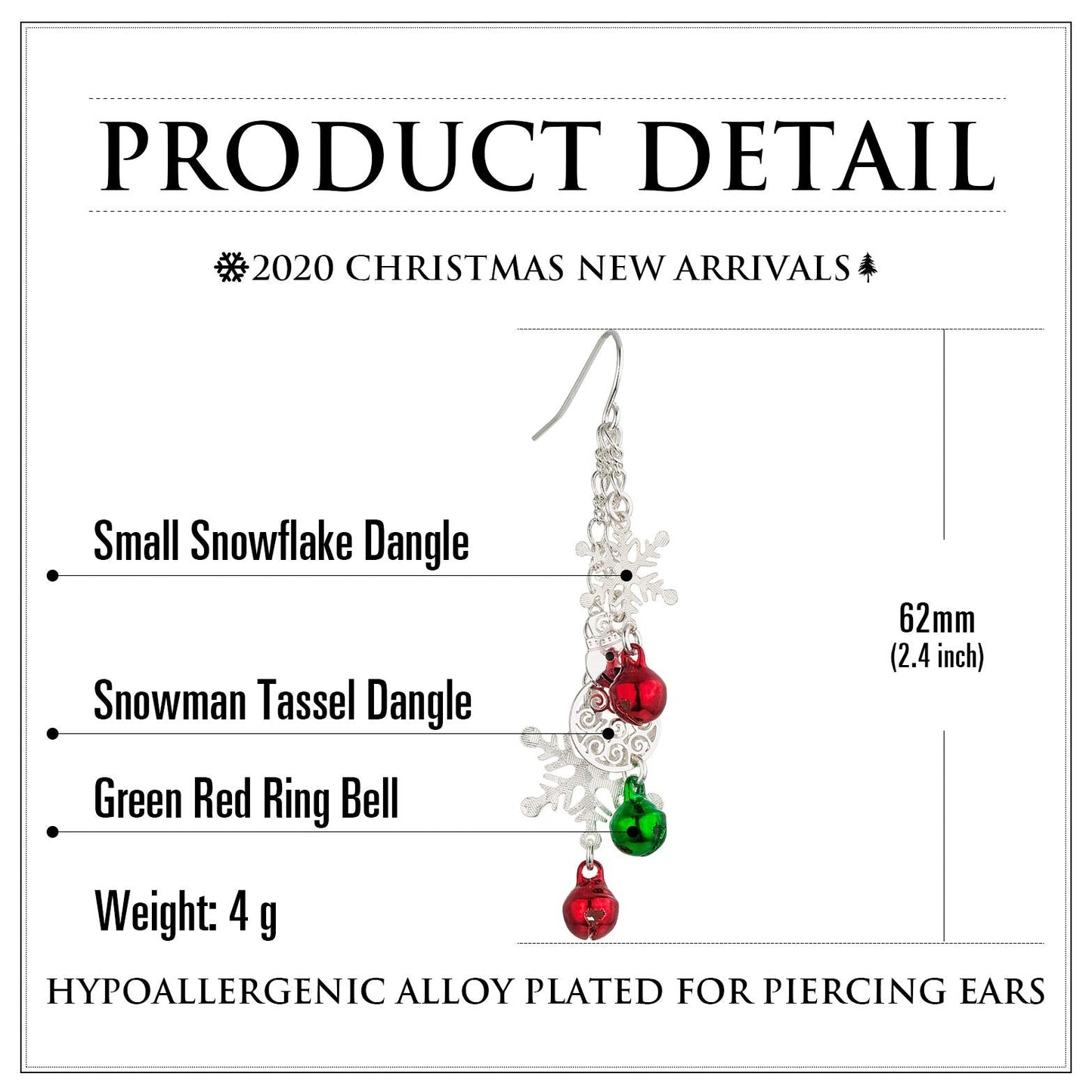 RareLove Three Layered Christmas Ring Bell Piercing Dangle Earrings Snowman Snowflake Silver Plated Alloy Holiday Jewelry For Women