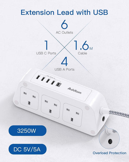 Extension Lead with USB Slots，6 Way Outlets 5 USB(5A, 1 USB- C and 4 USB-A Port) with 1.6M Braided Extension cord, 3250W Overload Protection，Security Surge Protection Plug Extension Socket