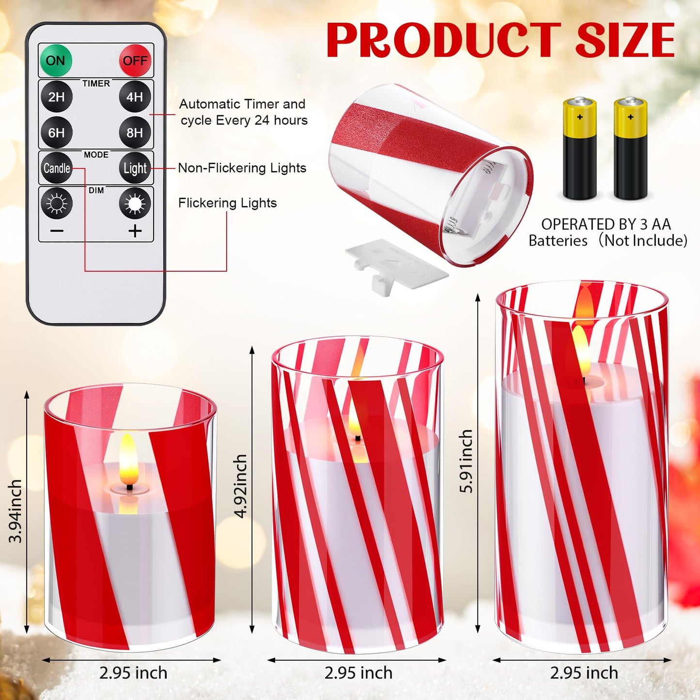 Glooglitter 3 Pcs Candy Cane Flameless Candles with Remote Timers Red Stripe Glass Candlestick Christmas Battery Operated Candles LED Flickering Candlestick for Christmas Party Home Decor