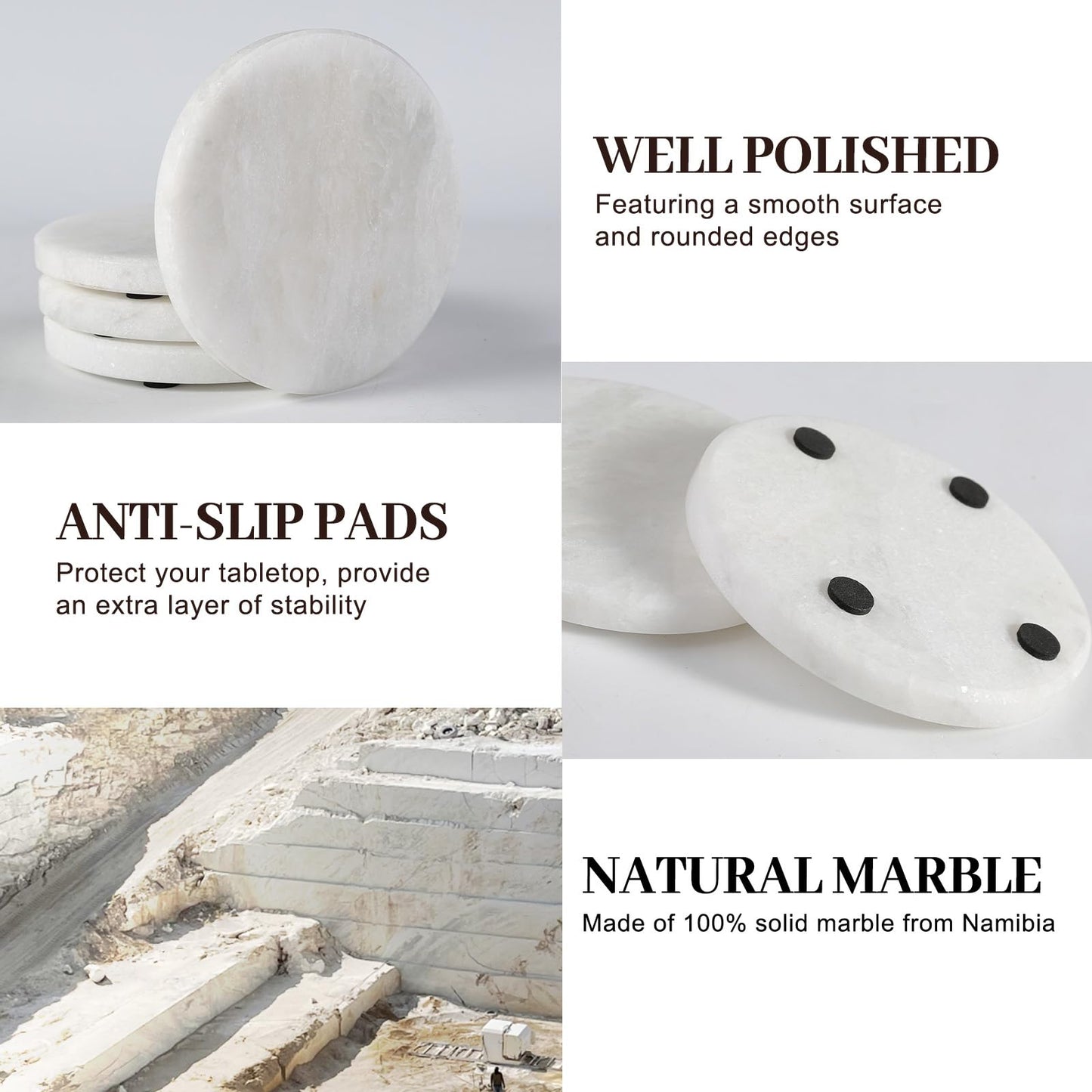 Koville Marble Coaster Set of 4, Round White Coasters, 4" Cup Coasters for Drinks, Heat Resistant Coaster for Coffee Table Home Office Bar Decor(Namib Fantasy)
