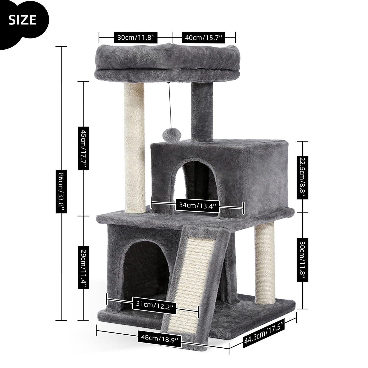 PETEPELA Cat Tree 90cm Cat Tower with Double Condos, Removable Spacious Perch, Fully Wrapped Scratching Posts for Indoor Cats, Replaceable Dangling Balls, 35 Inches Grey