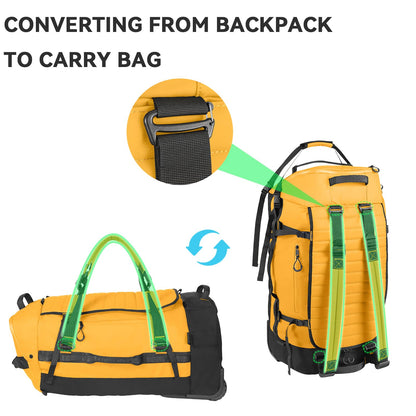 Vrtisa 85L 29“ Foldable Rolling Backpack with Wheels, Soft-side Travel Duffle Bag with Separate Shoe Compartment, Full Quilted Bottom, Yellow