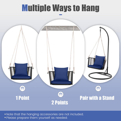 HAPPYGRILL Porch Swing Patio Hanging Rattan Basket Chair, Swing Hammock Chair with Seat Cushion & Back Cushion, PE Rattan, Sturdy Metal Frame, Wicker Hanging Rope Swing, (Navy)