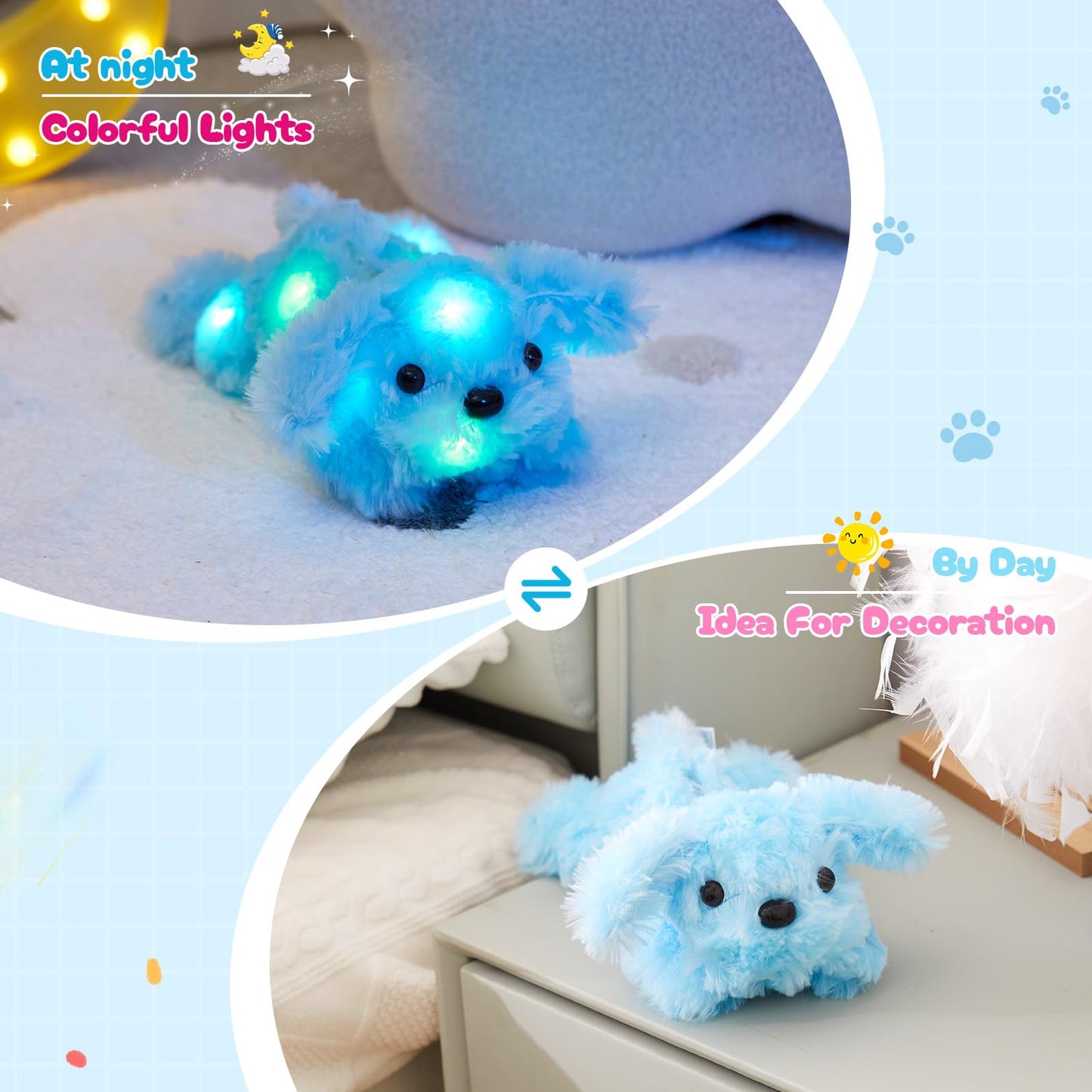 WEWILL 10'' Light up Blue Puppy Dog LED Stuffed Animal with Colorful Night Light Glow Soft Plush Toy Gifts for Kids on Christmas Birthday