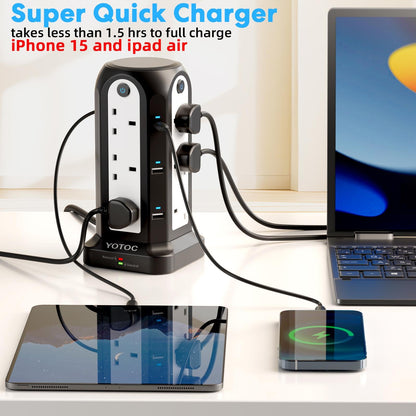 Tower Extension Lead,12 Way Surge Protected Extension Lead with 4 USB(5V 4.8A) Slots,2 USB-C(5V 3A),3250W Power Strip with 4 Individual Switches and 3M/9.8ft Extension Cable for Home,Office,School
