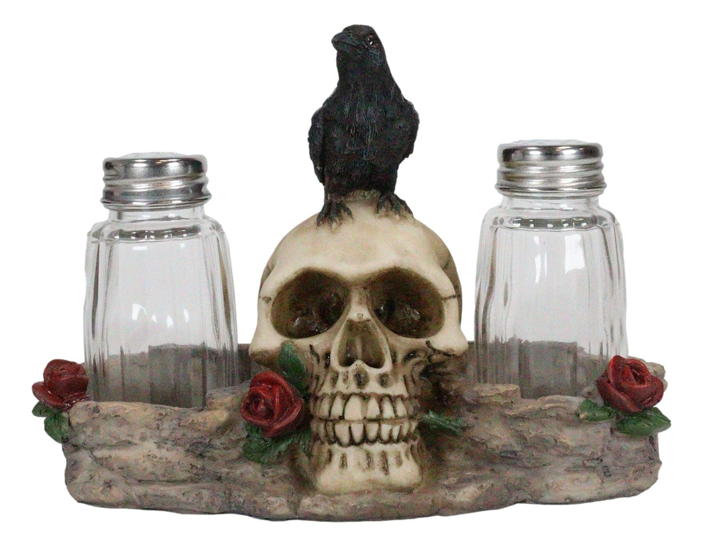 Ebros Day Of The Dead Raven Crow With Rose Skull Salt And Pepper Shakers Holder Figurine Set 6.25"L Halloween Graveyard Spooky Macabre Skulls Skeletons