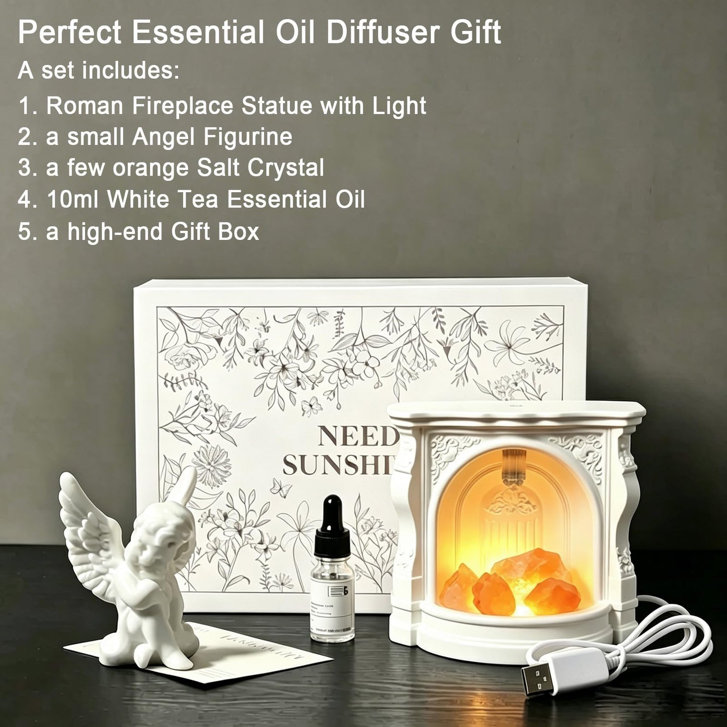 Angel Aroma Diffuser Set with Himalayan Salt & Fireplace Light, Passive Essential Oil Diffuser with White Tea Oil, Home Fragrance Decor for Bedroom, Bathroom, Office, Gift for Women
