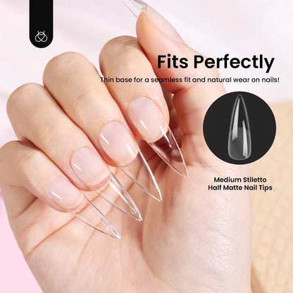 Beetles Gel Nail Kit Short Almond with Nail Dehydrator and Primer, 576Pcs Half Matte Etch-X Gel Nail Tips Solid Nail Glue Mini Nail Lamp Acrylic Nail Tips Easy DIY Nail Extension Set Gift for Women