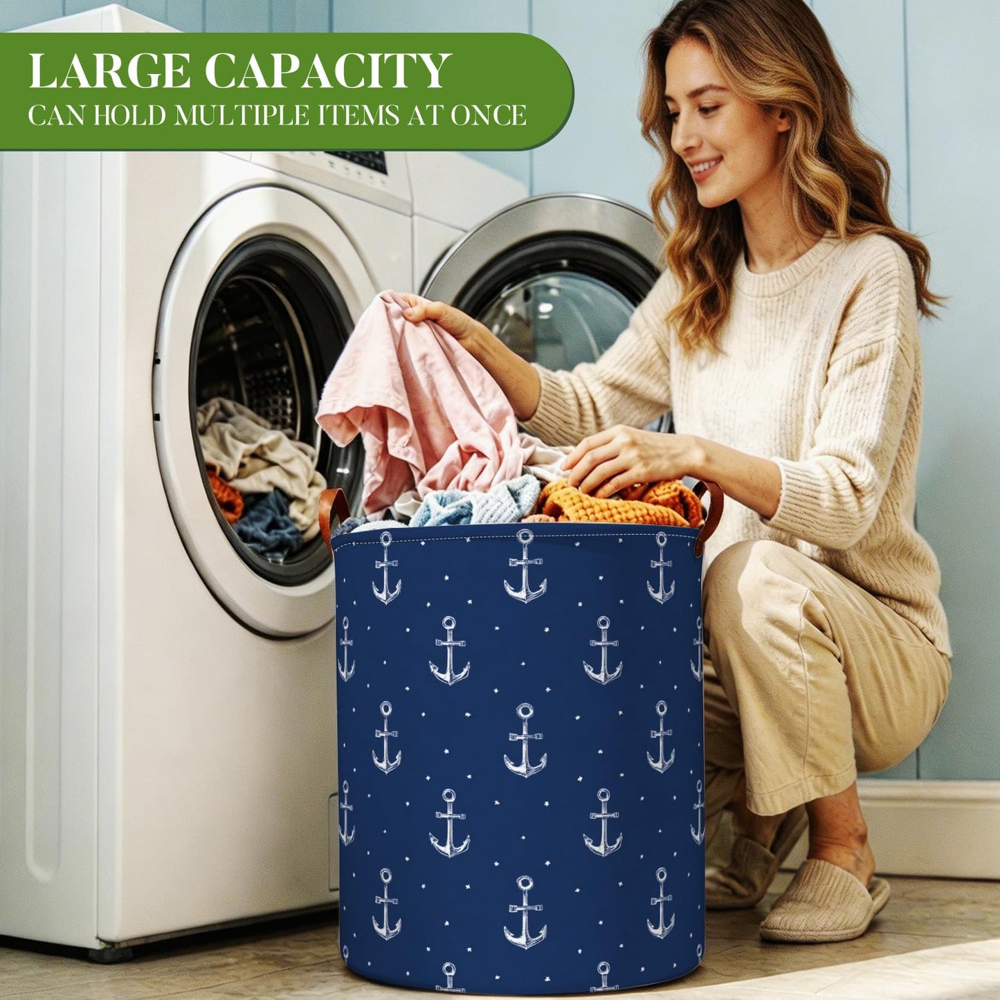 Laundry Basket 15.75 x 15.75 x 19.7 Inch Oxford Fabric Clothes Hamper with Nautical Anchor Pattern Foldable Laundry Storage Bin with Handles for Bedroom Bathroom Dorm Dirty Clothes Organizer