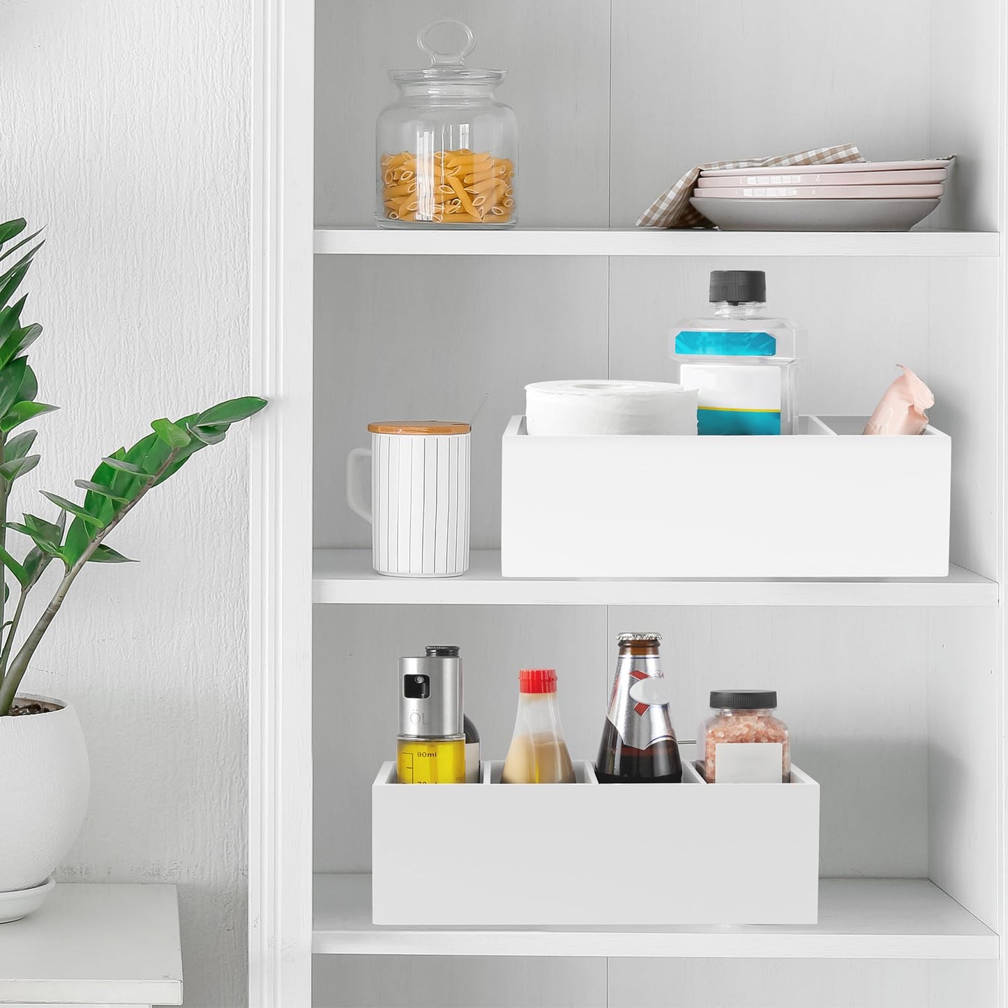 DRASTAR Pantry Organization and Storage Bins, Seasoning Packet Organizer with Removable Dividers,Wooden Storage Caddy for Kitchen, Pantry, Cabinet, Countertop, White