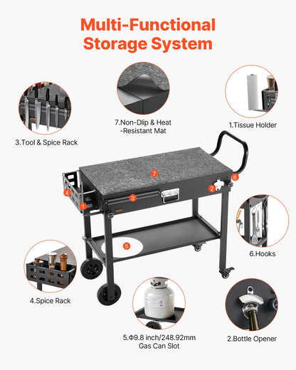 VEVOR Outdoor Grill Cart, 31.0 x 17.0 inch Tabletop Size Grilling Table, Foldable Outdoor Cooking Table with Tissue Holder, Wheels, Magnetic Tool Rack, BBQ Prep Tables for Picnic, Kitchen, Courtyard