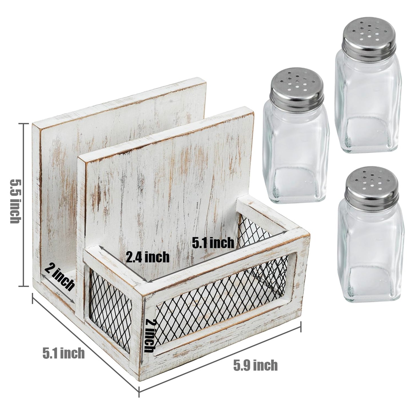 FARM IN Napkin Holder, Farmhouse Multifunctional Napkin Holder with Salt and Pepper Shakers Holder for Home and Commercial Use, Rustic Solid White Washed Wood & Diamond Metal Wire Mesh