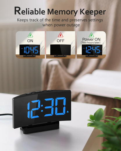 GOLOZA Digital Alarm Clock for Bedrooms with Modern Curved Design, Conspicuous Blue LED Numbers, 6 Levels Brightness, 2 Volume, 3 Alarm Tones, Snooze, Power-Off Memory, 12/24H, Bedside Clock