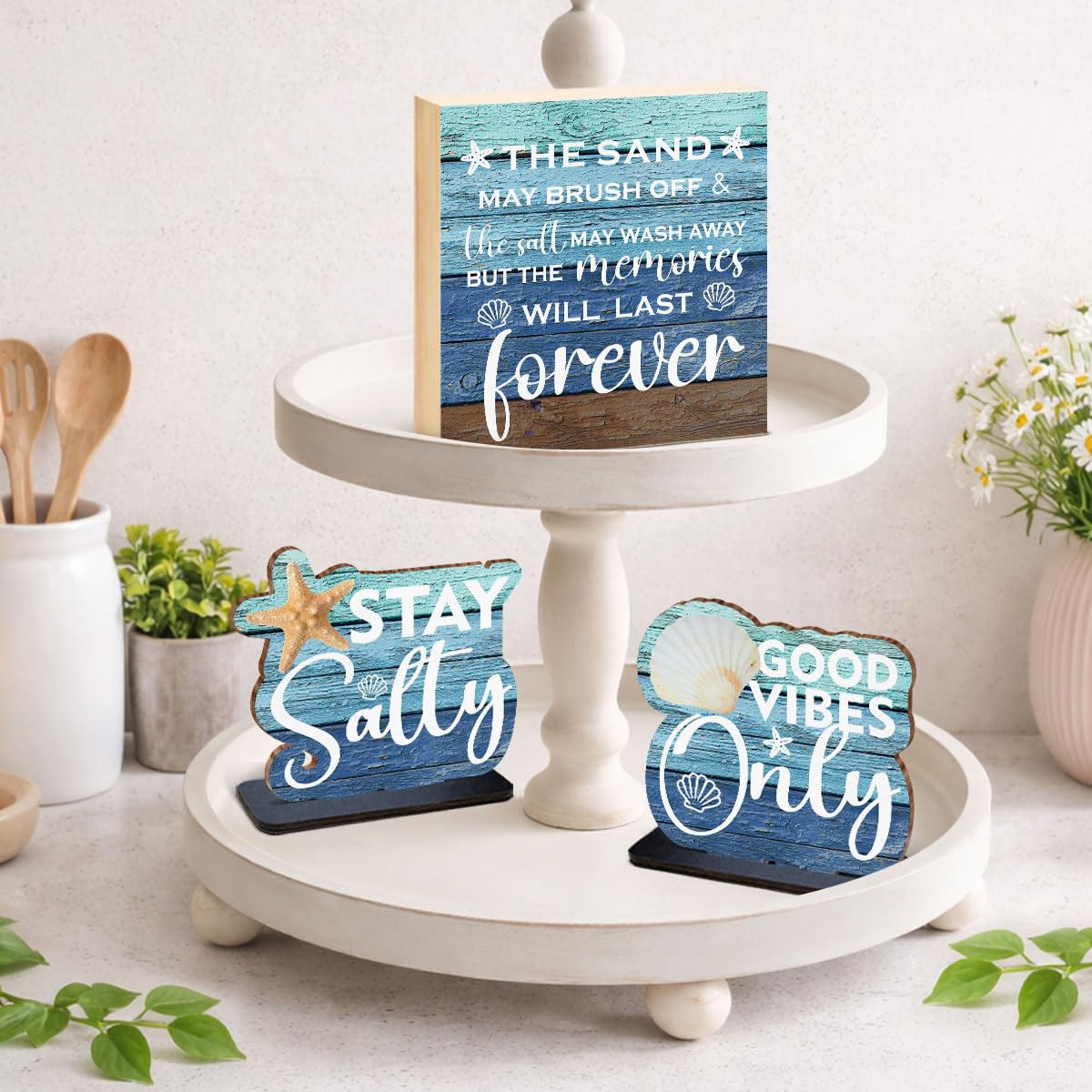 3 Pcs Summer Beach Decorations Wooden Sign - Stay Salty Centerpieces for Tiered Tray Table Desk Bedroom Boys Room Party Shelf Decoration