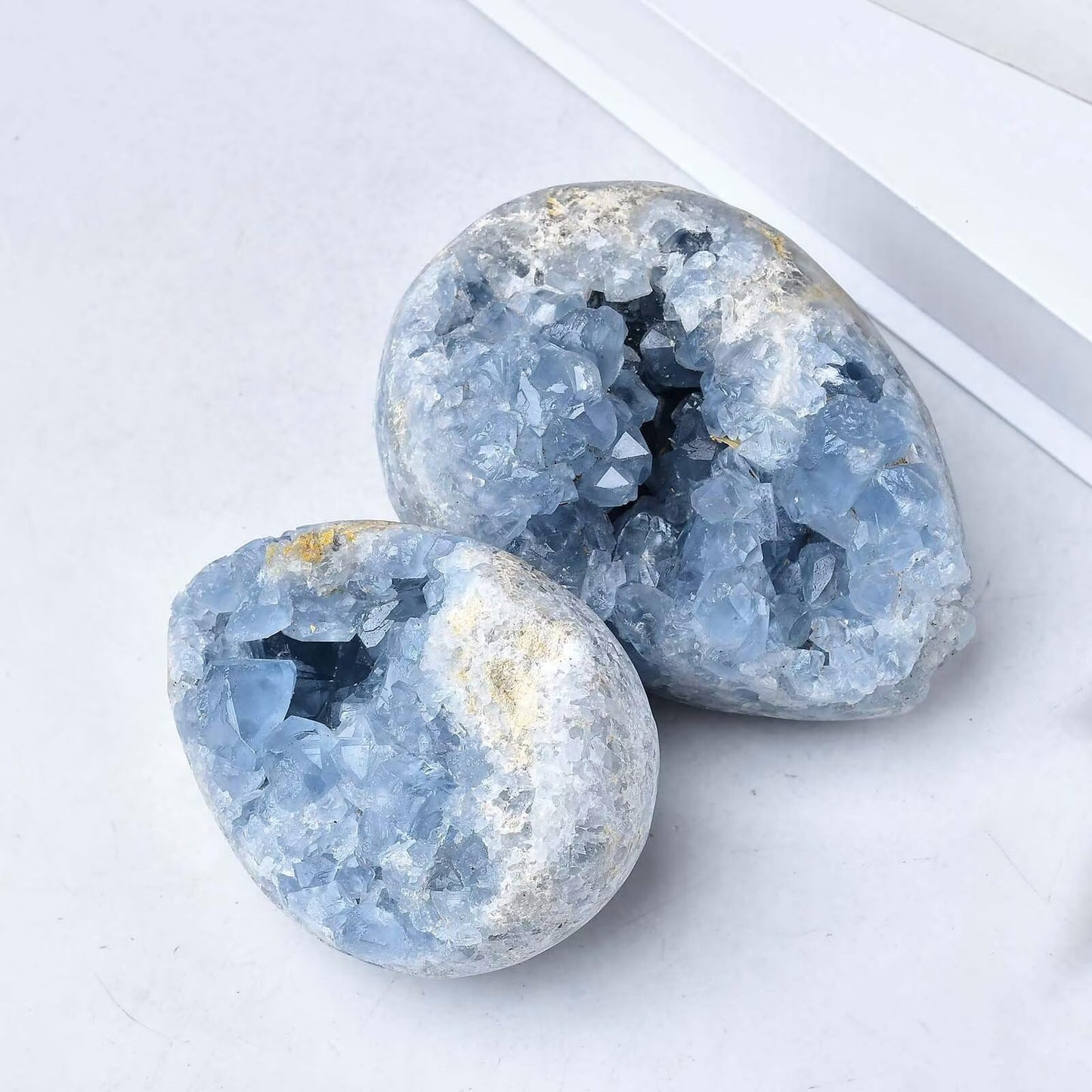 FZBHRO Natural Blue Celestite Geode Egg Healing Crystal Stone Collection Mineral Specimen with Stand Home Office Decor 1.7-2.2 Pound