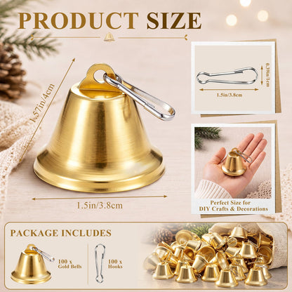 Shimeyao 100 Pieces Gold Bells 1.5 x 1.57 Inch Ornament Small Bells with Spring Hooks for Craft Wind Chimes Dog Potty Training Doorbell Wedding Decor Craft Making Hanging Favor
