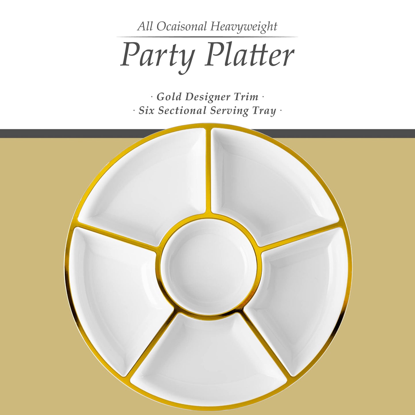 Plasticpro 6 Sectional Round Plastic Serving Tray/Platter (2, White & Gold)