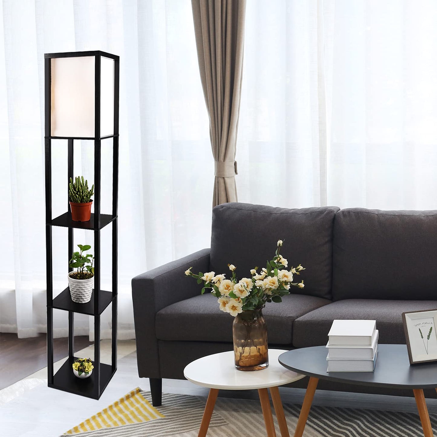 PULUOMIS Floor Lamp with Shelves, 3 Layers Wooden Shelf Standing Light, Modern Reading Lamp for Bedroom, Living Room, Office, Home Decoration (Size:26x 26x 160 cm) (Without Bulb)-Black