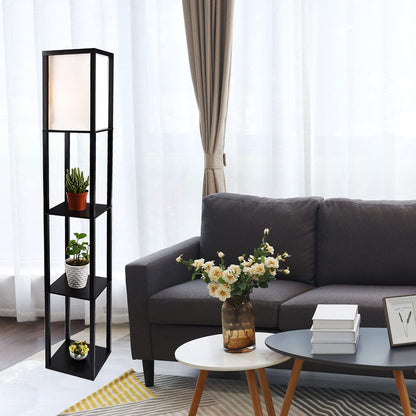 PULUOMIS Floor Lamp with Shelves, 3 Layers Wooden Shelf Standing Light, Modern Reading Lamp for Bedroom, Living Room, Office, Home Decoration (Size:26x 26x 160 cm) (Without Bulb)-Black