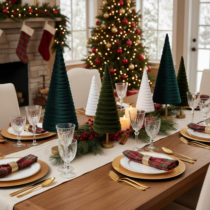 Hoolerry 6 Pcs Christmas Velvet Trees with Gold Pedestal Christmas Velvet Cones Tree Mantel Decor Modern Rustic Winter Home Minimalist for Holiday Entryway Table Wedding Centerpiece (Forest Green)