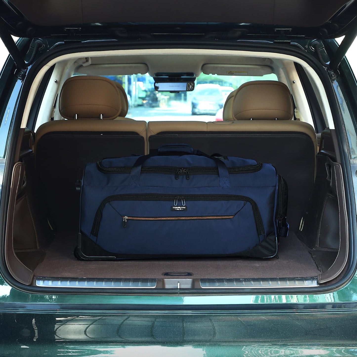 TONRUYN Large Rolling Duffle Bag with Wheels and Handle 85L 29 inch Travel Duffel Bag for Men Women with Shoe Compartment & Wet Pocket, 2 Wheeled Checked Luggage for Business Travel Long Trips, Blue
