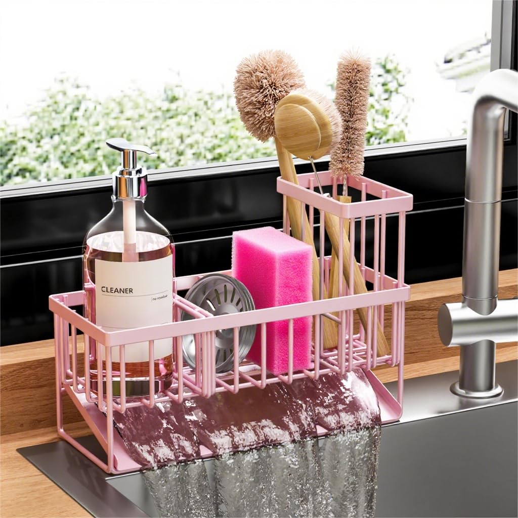 Cisily Kitchen Sink Caddy Organzier with High Brush Holder, Sponge Holder for Sink, 304 Rustproof Stainless, Kitchen Countertop Soap Dispenser Organizer, Kitchen Decor and Accessories