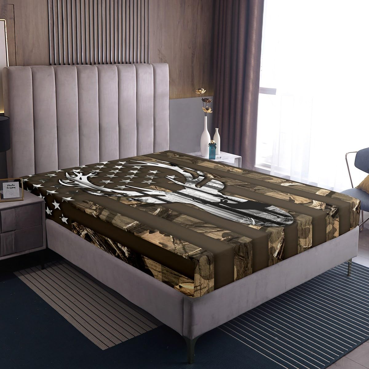Camouflage USA Flag Fitted Sheet Set Full Size 4pcs,Brown Camo and Deer Antlers Trees Silhouette Bedding Set(1 Fitted,1 Flat,2 Pillowcases),American Flag Luxury Deep Pocket Bed Sheets for Girls Teen