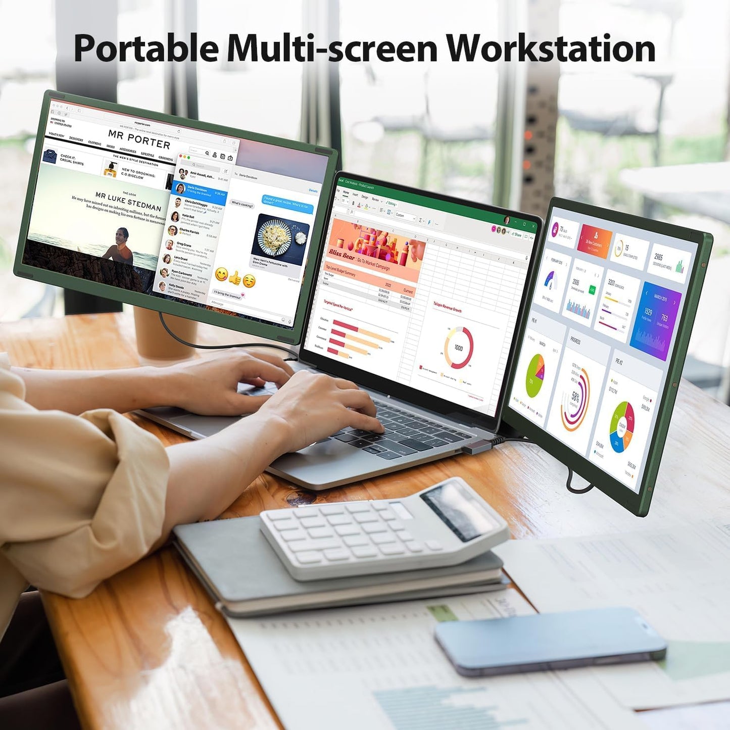 14’’ Triple Laptop Screen Extender, 1080P FHD Portable Dual Monitor for Laptop USB C HDMI, Plug-Play Monitor Extender for Triple Display for Mac/Windows, Fit 13”-17.3” Laptops