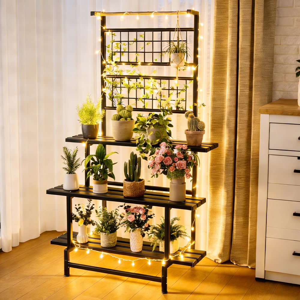 YOBAZAN 3-Tier Metal Plant Stand with Hanging Shelf – Heavy Duty, Waterproof Indoor & Outdoor Flower Rack for Multiple Pots, Balcony, Garden, Living Room – Black