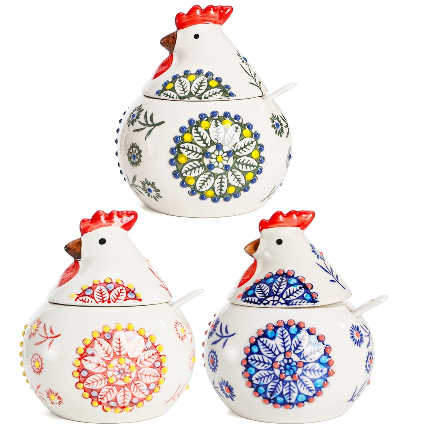 Dicunoy 3 Pack Ceramic Salt Sugar Containers, Large 13 OZ Chicken Salt Cellars with Lids and Spoons, Farmhouse Style Sturdy Condiment Jars for Serving, Home, Kitchen Countertop