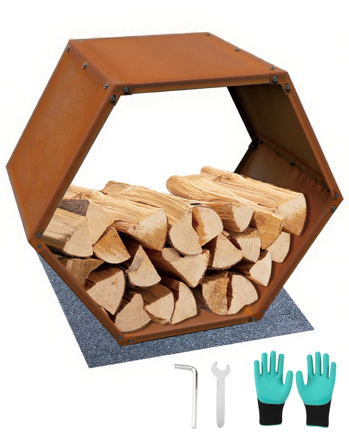 RUIJIU Firewood Log Rack Heavy-Duty, Corten Steel Firewood Rack with Hexagon Design, Fire Log Stacker for Wood Storage, Wood Holder for Outdoor Indoor