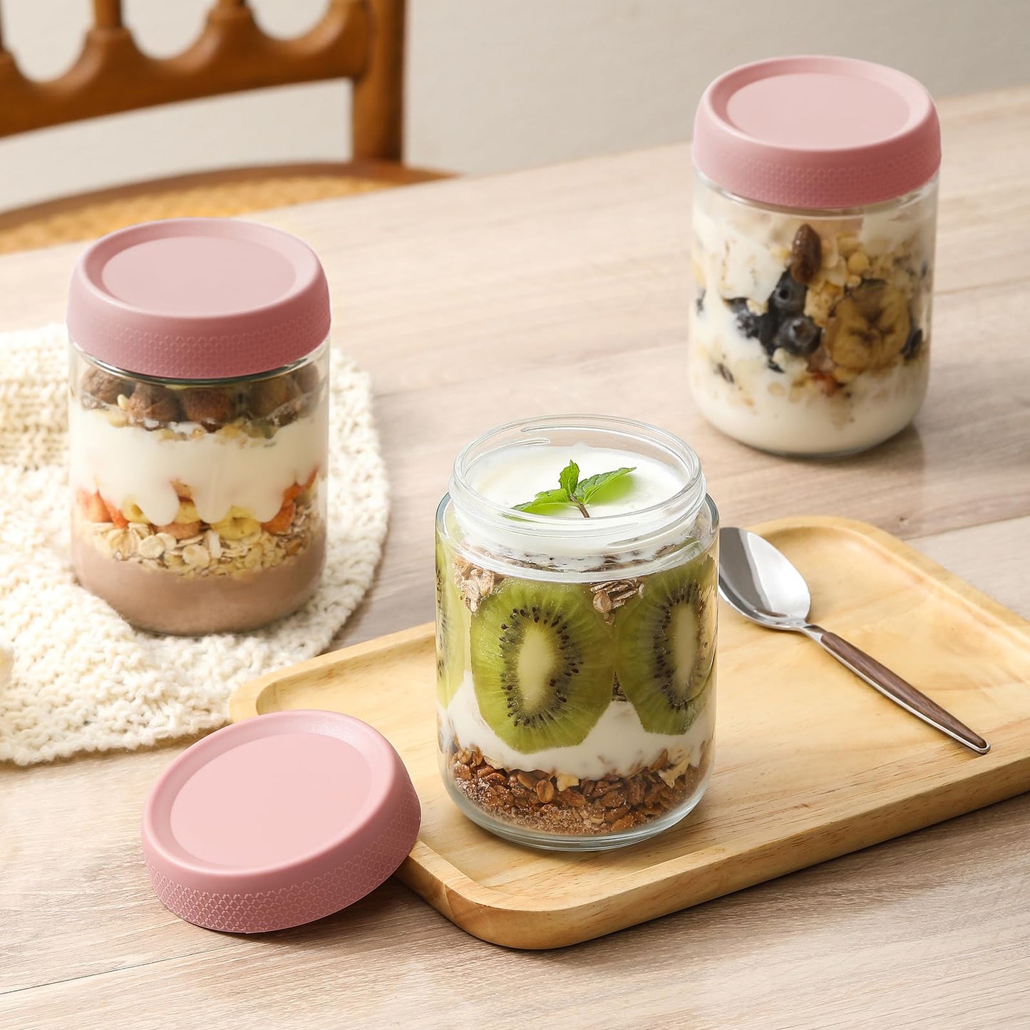 NETANY 6-pack 16 oz Overnight Oats Containers with Lids, Glass jars with Airtight Lids, Wide mouth Mason Salad jars, Glass Food Storage Containers for Snacks Yogurt Spice Sugar