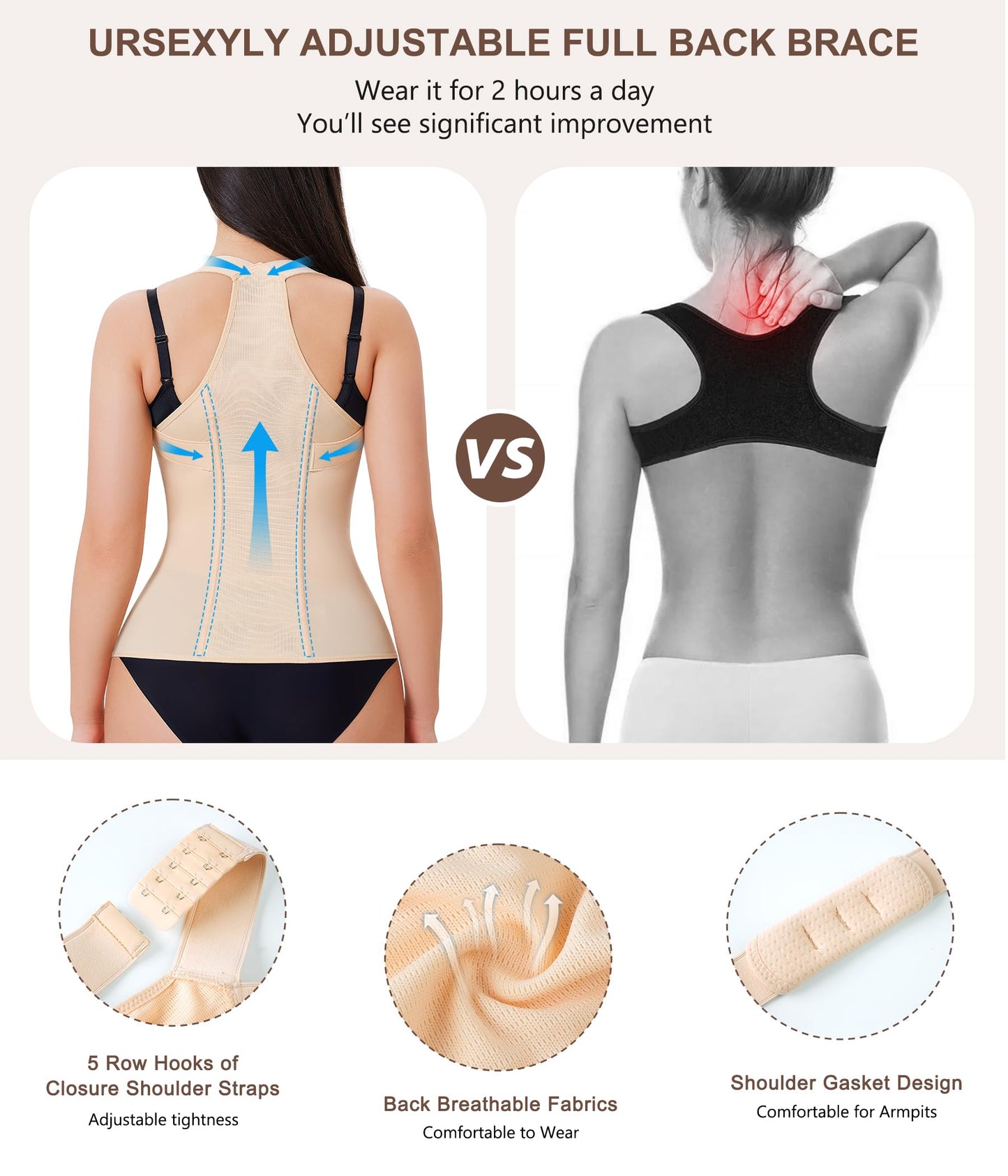 URSEXYLY Back Brace Posture Corrector for Women Adjustable Full Back Support Shoulder Straightener Upper and Lower Back Pain Relief(Black,3XL)