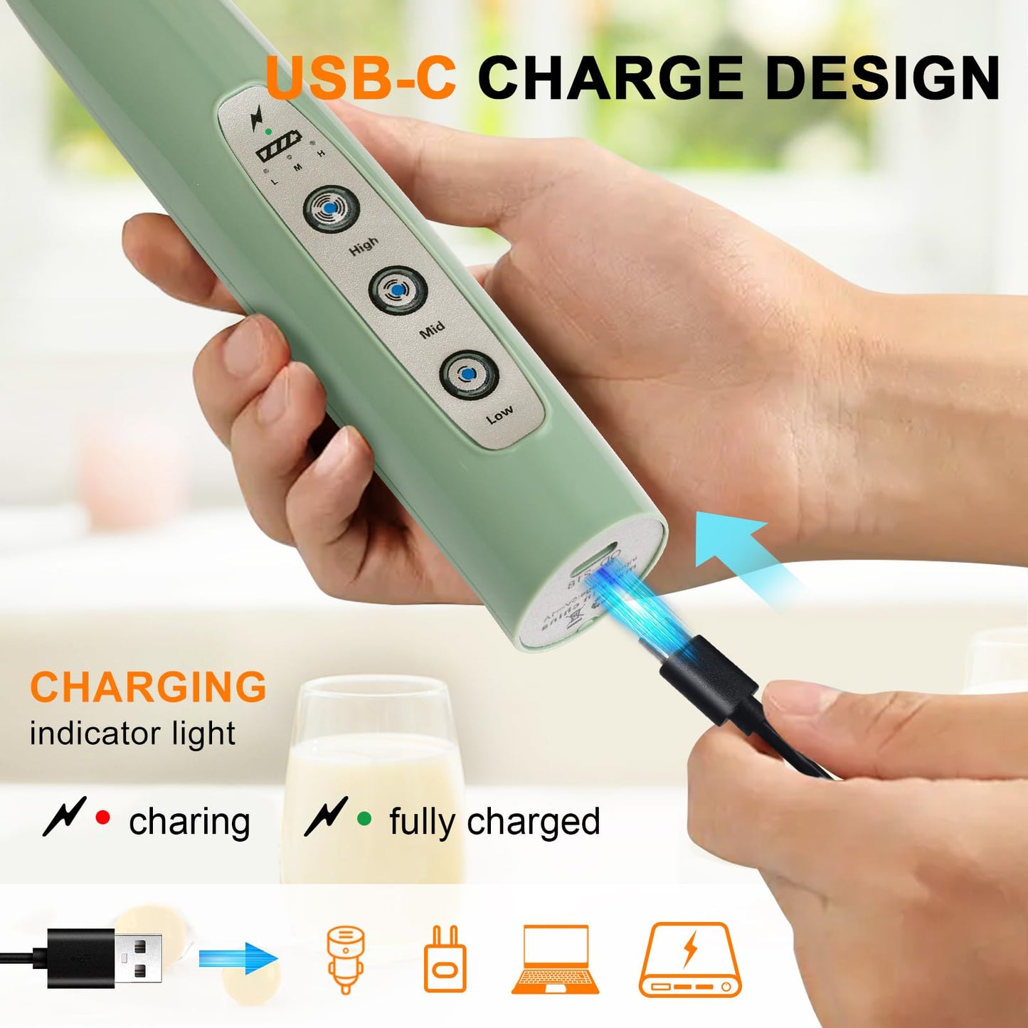 YUSWKO Black Handheld Milk Frother Wand for Coffee, Rechargeable Electric Whisk with 3 Heads 3 Speeds Drink Mixer Coffee Frother For Latte, Cappuccino, Hot Chocolate, Egg
