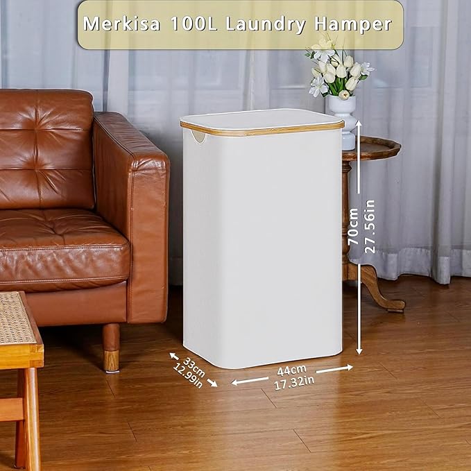 100L Laundry Hamper with Lid, Lagre Basket with Bamboo Handles, Foldable