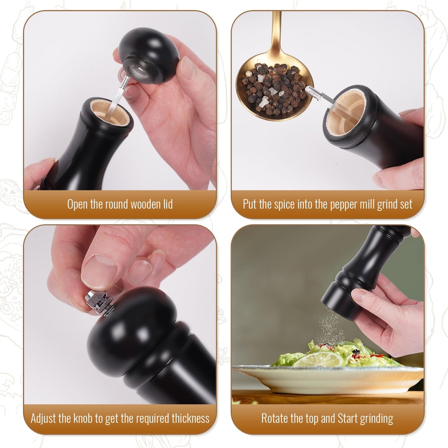 2Pack Wood 6.5 Inches Salt and Pepper Grinder Set and Adjustable Manual Salt and Pepper Mills, with Ceramic Grinding Mechanism, Housewarming Gifts, Cooking Gifts for Men & Women(Black & White)
