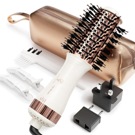 110-240V Travel Brush Hair Dryer, Small Hair Straightener Brush with European Plug Adapter for International Travel, 4 in 1 Hot Air Styler & Dryer for Drying Straightening Curling Volumizing