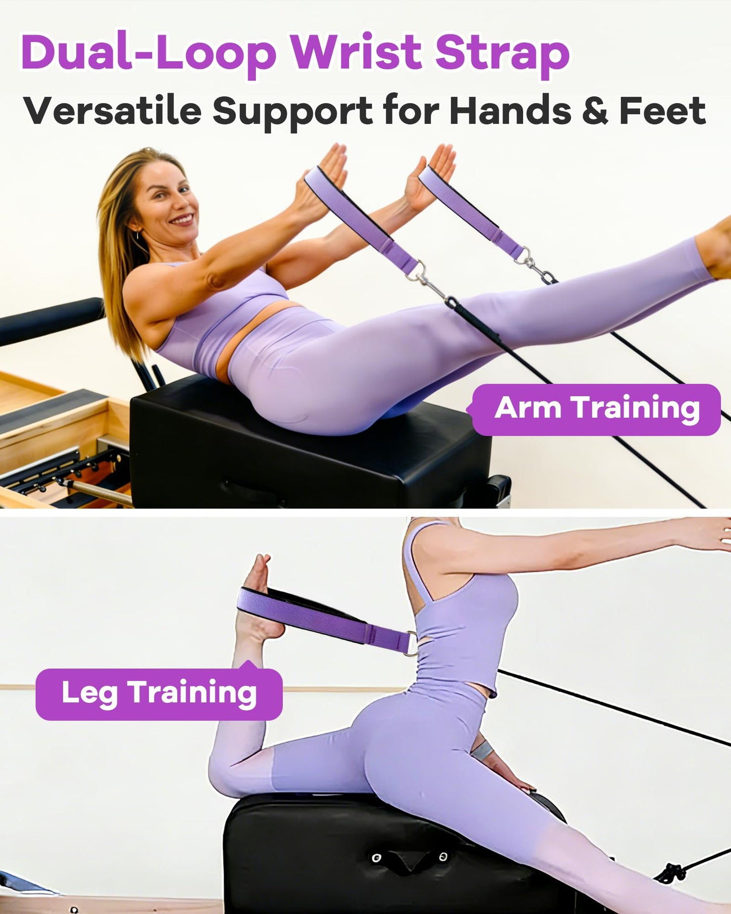 Wonderful Day 2PCS Pilates Straps for Reformer, Comfortable Enhanced Thickness, Fitness D-Ring Double Loop Exercise Straps for Home Gym Workout (Purple)