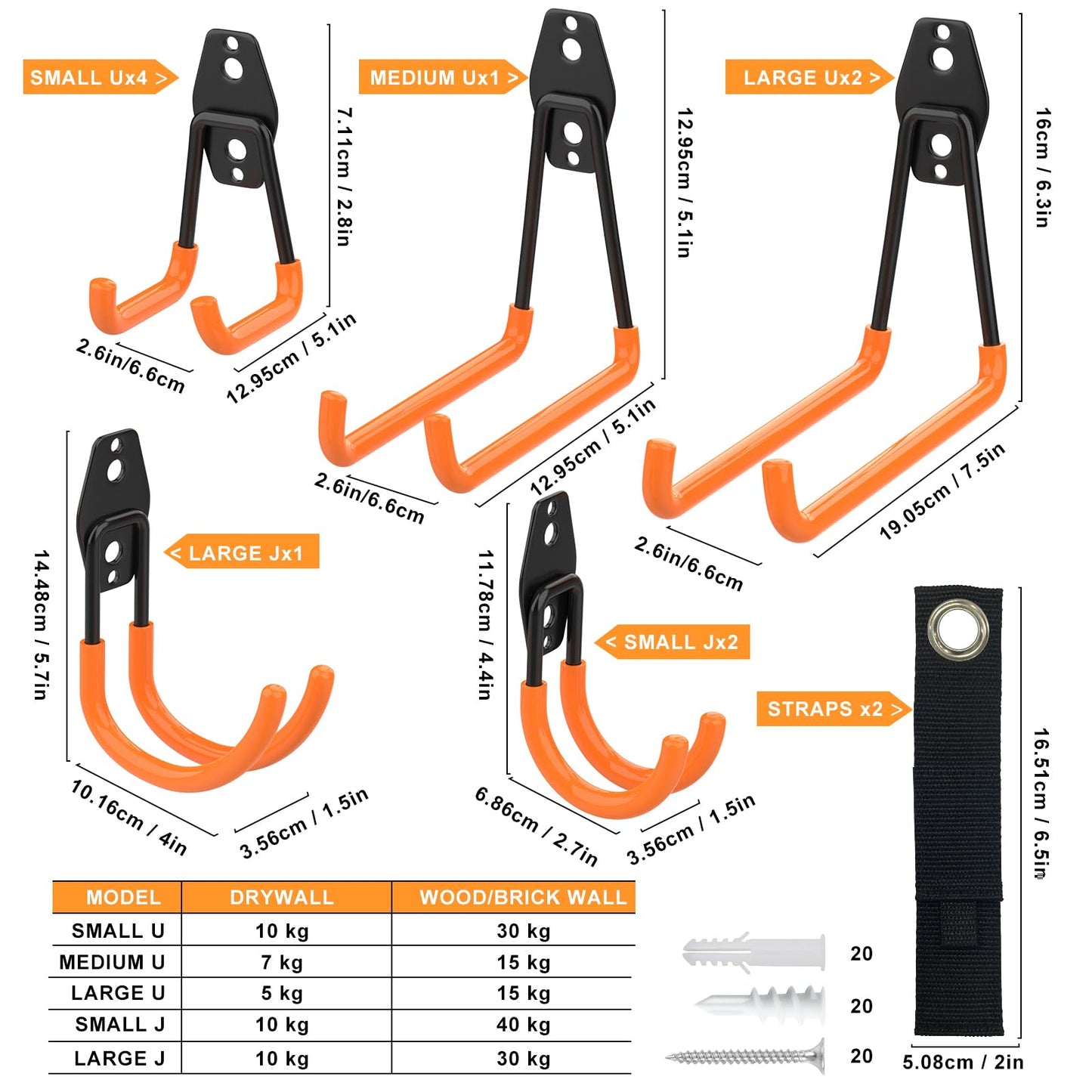 Kitmiido Steel Garage Storage Hooks - 12 Pack Anti-Slip Coating, Heavy Duty Wall Mount Hooks for Hanging Bike, Ladder, Garden Tools (Orange)