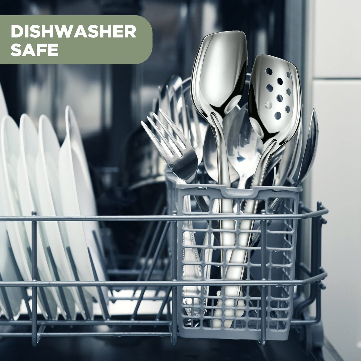 4 Pack Large Serving Spoons Flat Bottom Cooking Slotted Spoon Stainless Steel for Cooking Kitchen Parties Buffet Utensils Dishwasher Safe,2 Styles 10 Inch Silvery