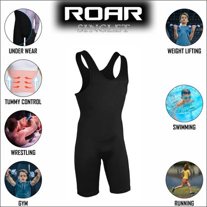Roar Athletic Men's Wrestling Singlet Suit Bodywear Uniform for Men and Youth, Powerlifting and Exercise Equipment (Black, Youth Large)