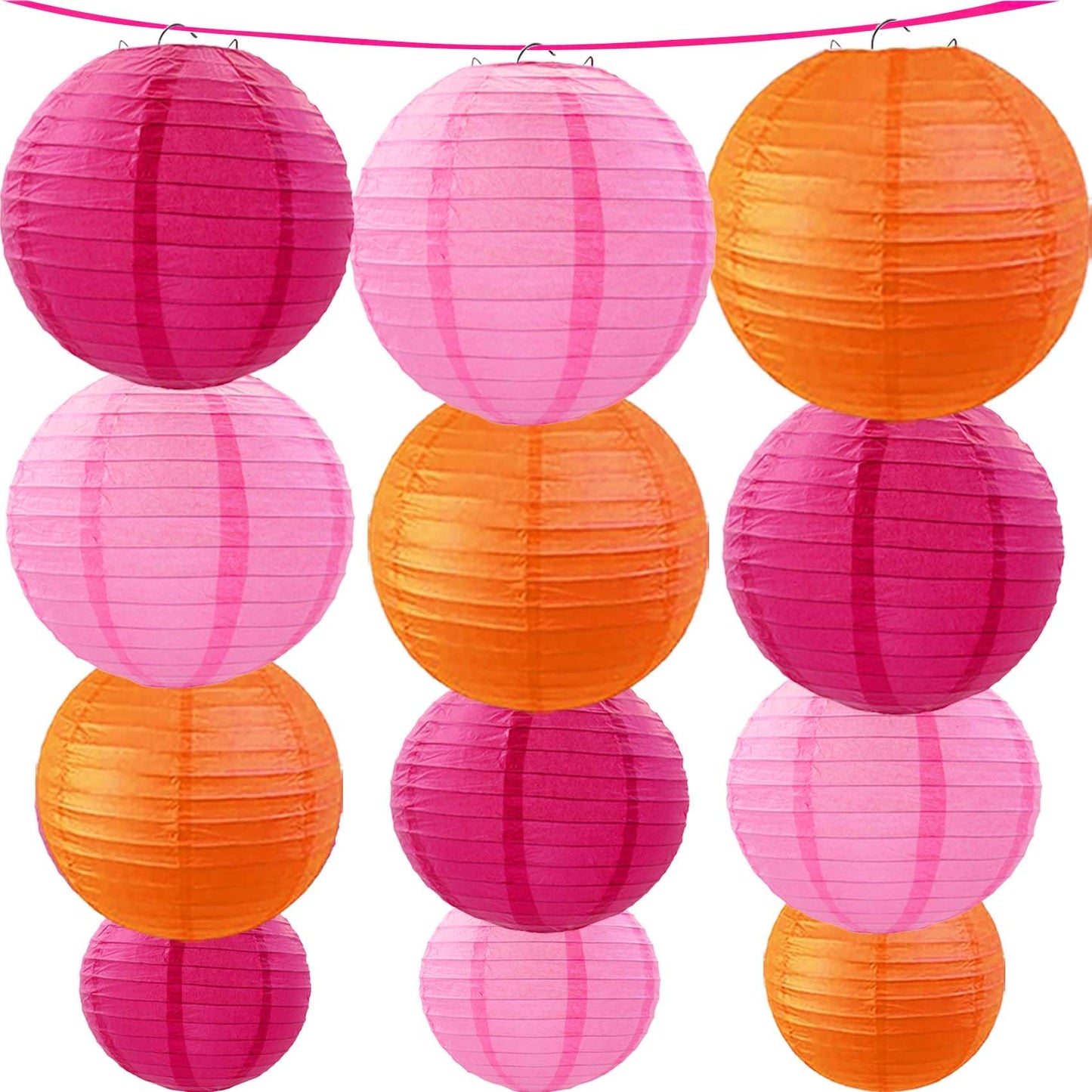 KUNYYI Hot Pink-Orange and Pink Paper Lanterns 12Pcs Hanging Lanterns for Birthday Party, Wedding, Home Decor, Baby Shower Festive Decoration