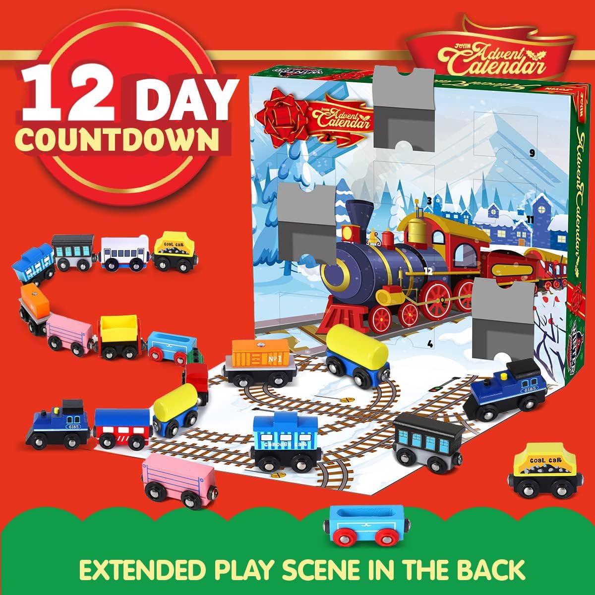 JOYIN 2025 Christmas Countdown Advent Calendar with 12 PCS Wooden Train Cars Magnetic Train Sets,12 Days Cars Advent Calendar for Boys Kids, Christmas Party Favor, Classroom Prizes Xmas Gift