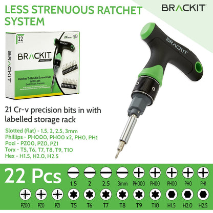 Brackit Dual Drive Ratchet T Handle Screwdriver and Bit Set – 22 Piece Precision Kit – 2 x Faster Than Regular Ones – Perfect Tool for Intricate Jobs