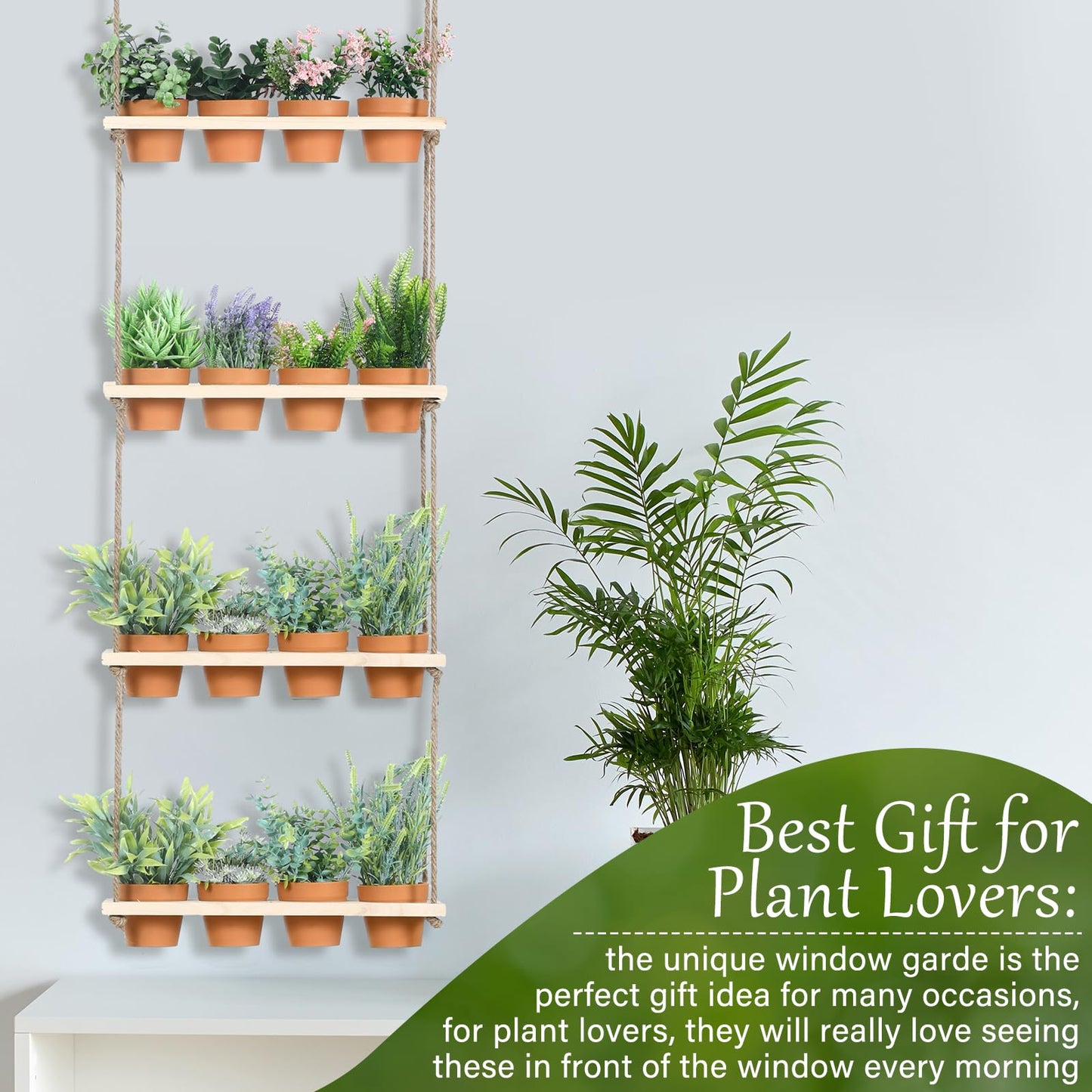 FillTouch 4 Tiered Window Plant Shelves Hanging Herb Planter Indoor Display with 16 Pcs Flower Pots Wood Window Plant Hanger for Grow Herbs Succulents Microgreens Seedling Organization